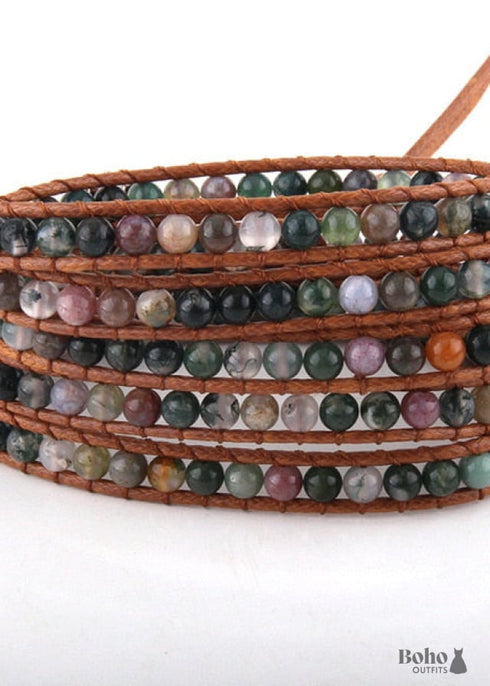 Pulsera Boho, RH, Pulsera de Cuero de 5 Capas, Piedras Naturales de 4 mm, Azul, Blanco y Negro